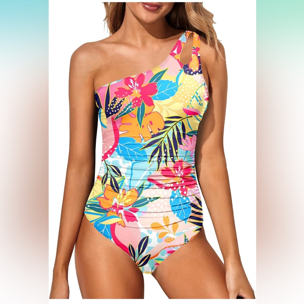 🚘Tropical One-Shoulder one piece Swimsuit tummy control modest full coverage